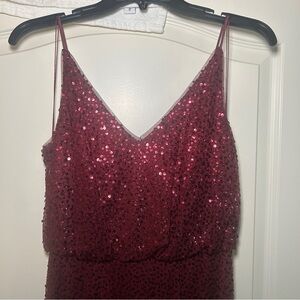 Adrianna Papell Red Sequin V Neck Long Formal Evening Dress